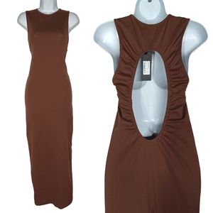 MOTEL ROCKS Deep Mahogany Brown Sarves Ribbed Circle Back Maxi Dress Medium NWT